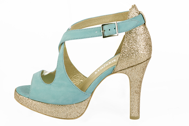 Aquamarine blue and gold women's closed back sandals, with crossed straps. Round toe. Very high slim heel with a platform at the front. Profile view - Florence KOOIJMAN
